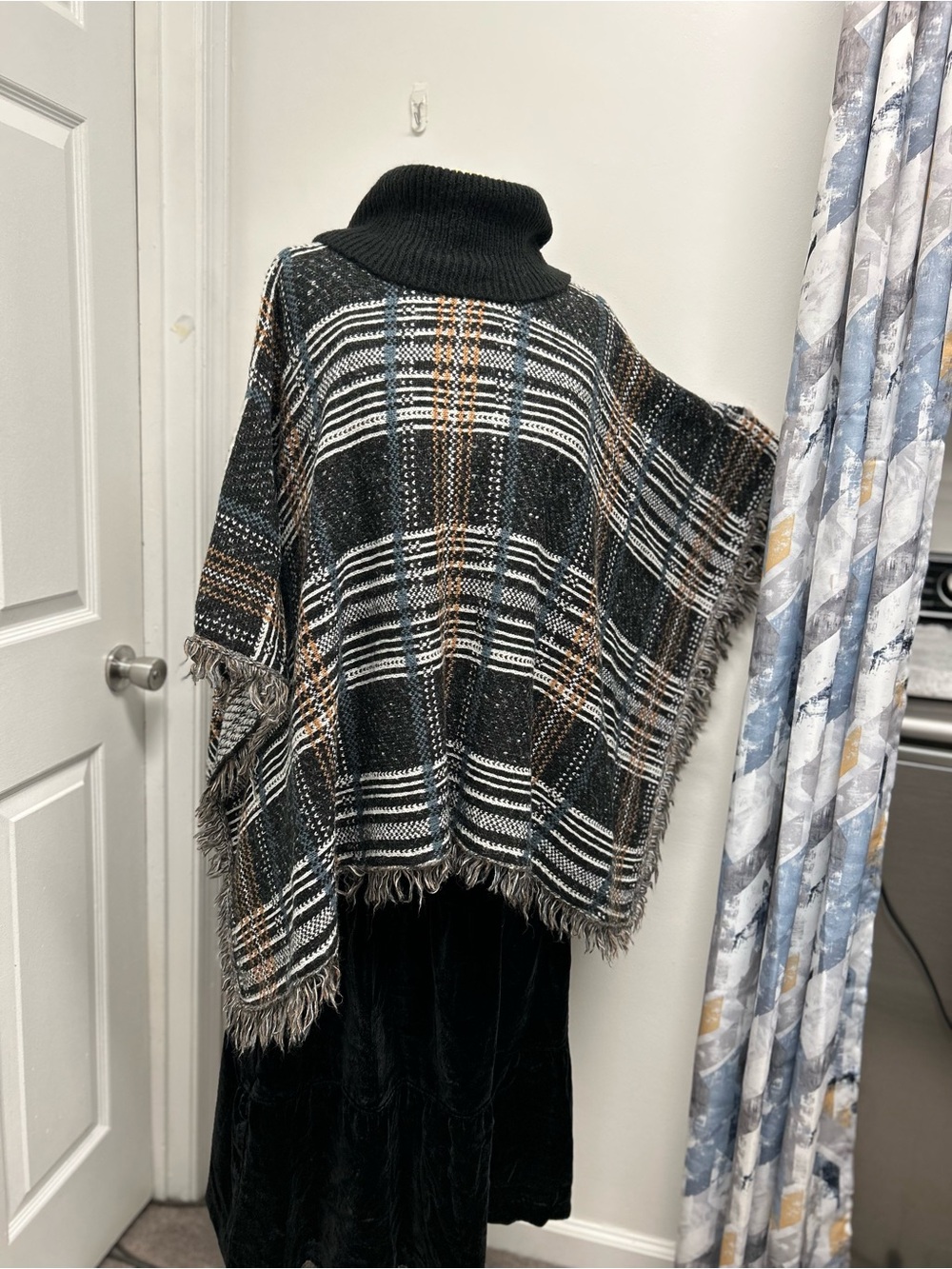 Turtleneck Plaid Fringe Poncho Sweater - Black/Cream/brown/teal